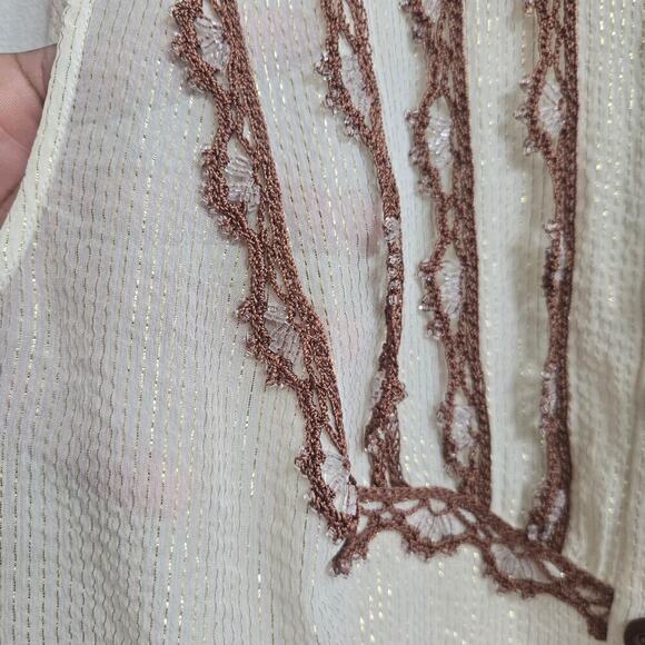 Cache Women Silk Metallic Sheer Lace Button Top L Boho Western Prairie Victorian - Picture 3 of 10